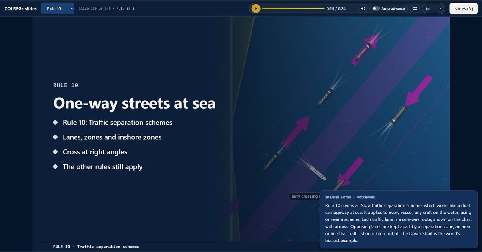 Narrated slide introducing Rule 10, traffic separation schemes, with ships in one-way lanes.