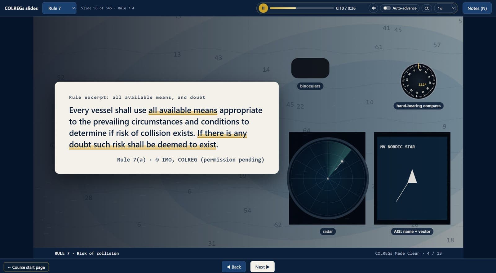 Rule 7 excerpt on using all available means to decide if risk of collision exists, shown beside radar and AIS.
