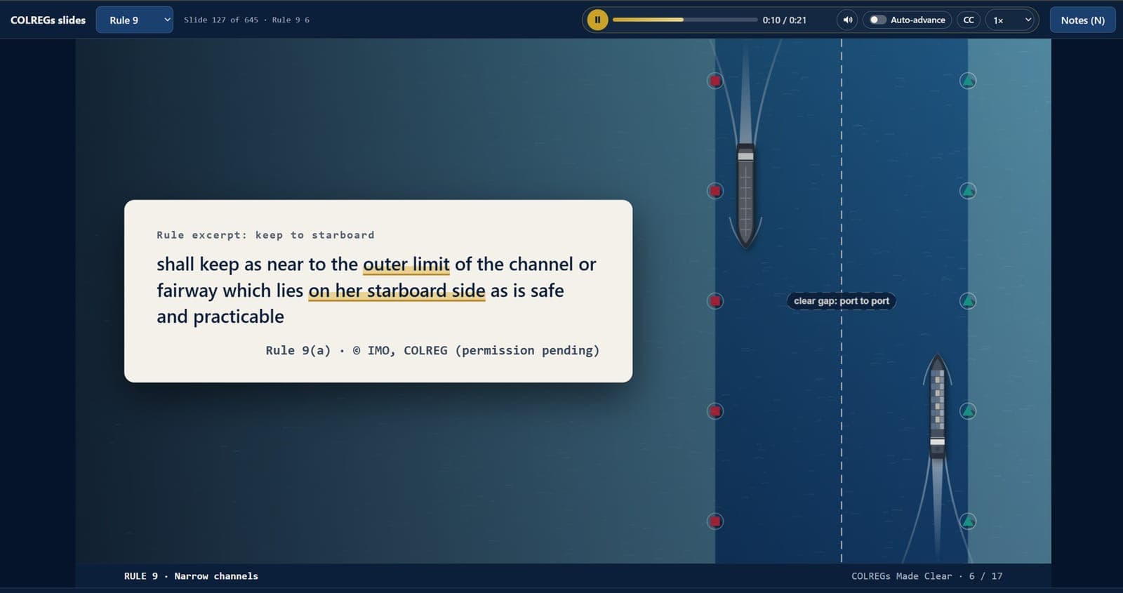 Rule 9 excerpt on keeping to the starboard side of a narrow channel, with two vessels passing port to port.